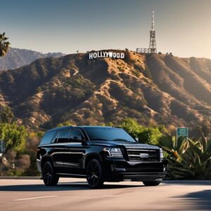 hollywood sign with a black suv